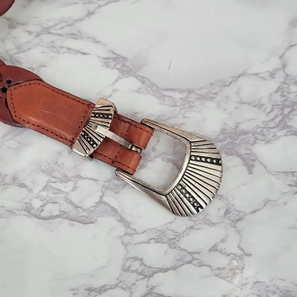Brown Leather Interlock Tab Belt with Silver Toned Aztec Buckle